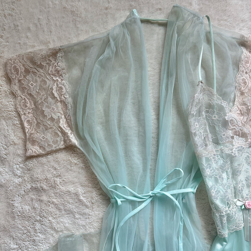 1980's seafoam lace negligee + bed jacket