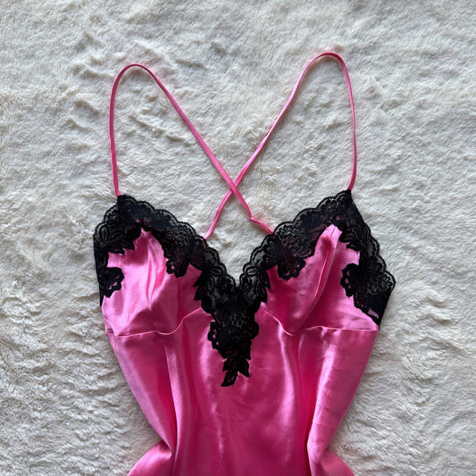 2000's bubblegum pink satin lace slip