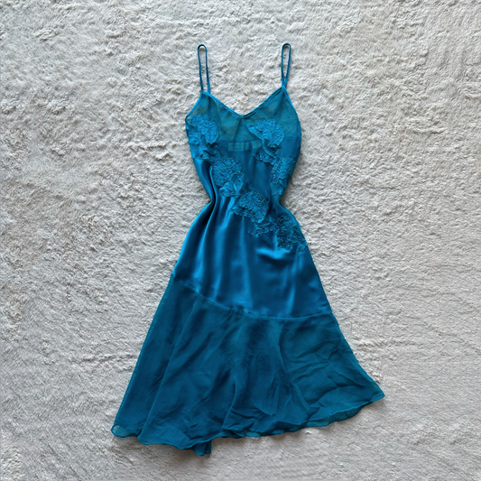 1980's teal satin asymmetrical fairy slip dress