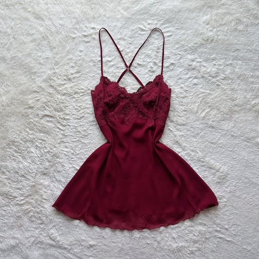 1990's deep burgundy chiffon lace slip dress