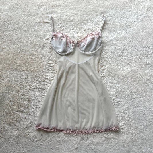 1997 cream + pink mesh mini slip dress