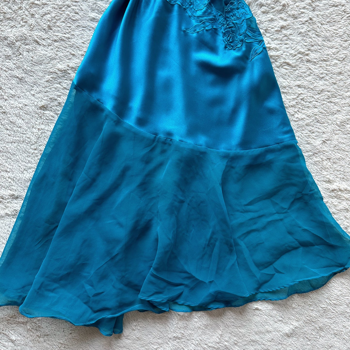 1980's teal satin asymmetrical fairy slip dress