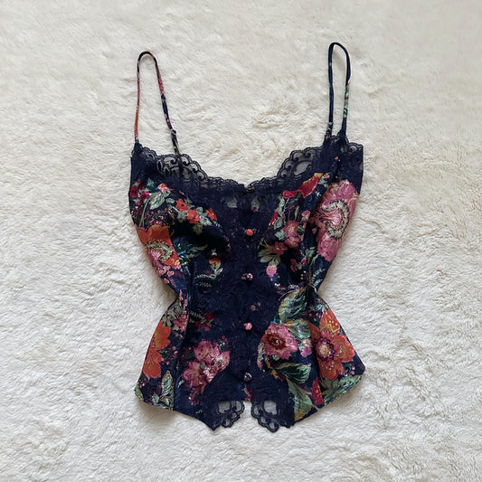 1980's navy floral satin camisole