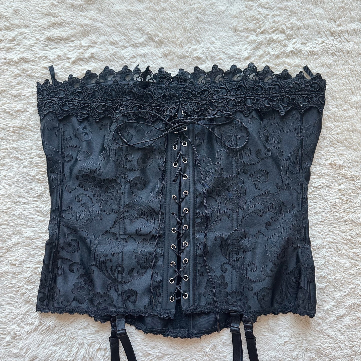 2000's black jacquard lace up corset