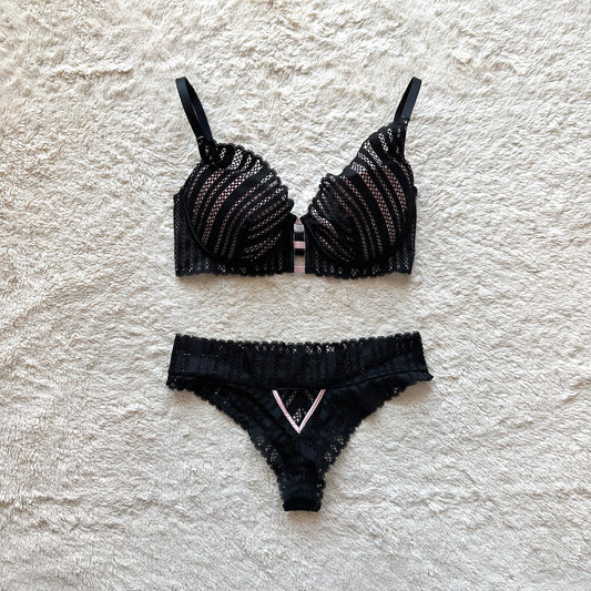 2019 black + pink lace bra + panty set