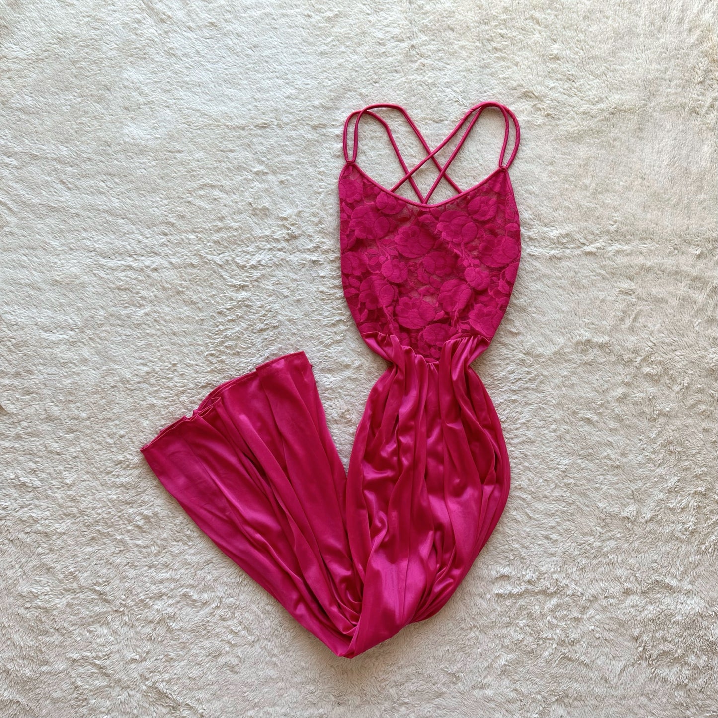 1990's hot pink satin lace slip dress