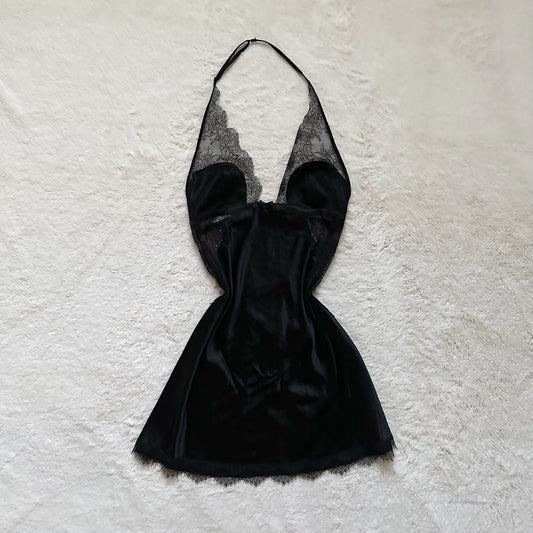 2013 black satin lace halter slip dress