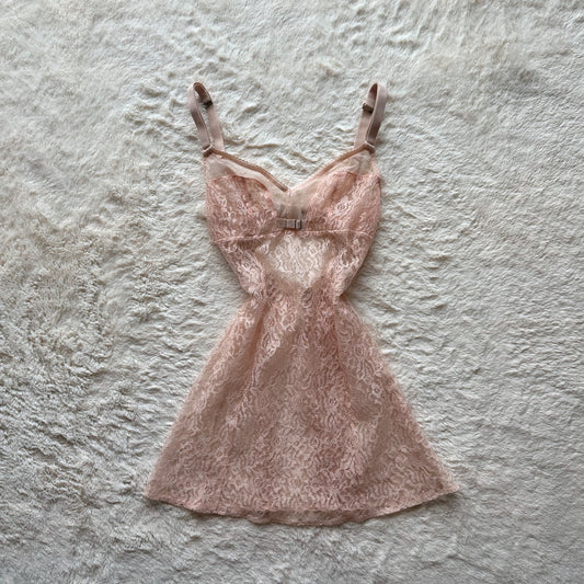 2008 sheer nude lace mini slip dress