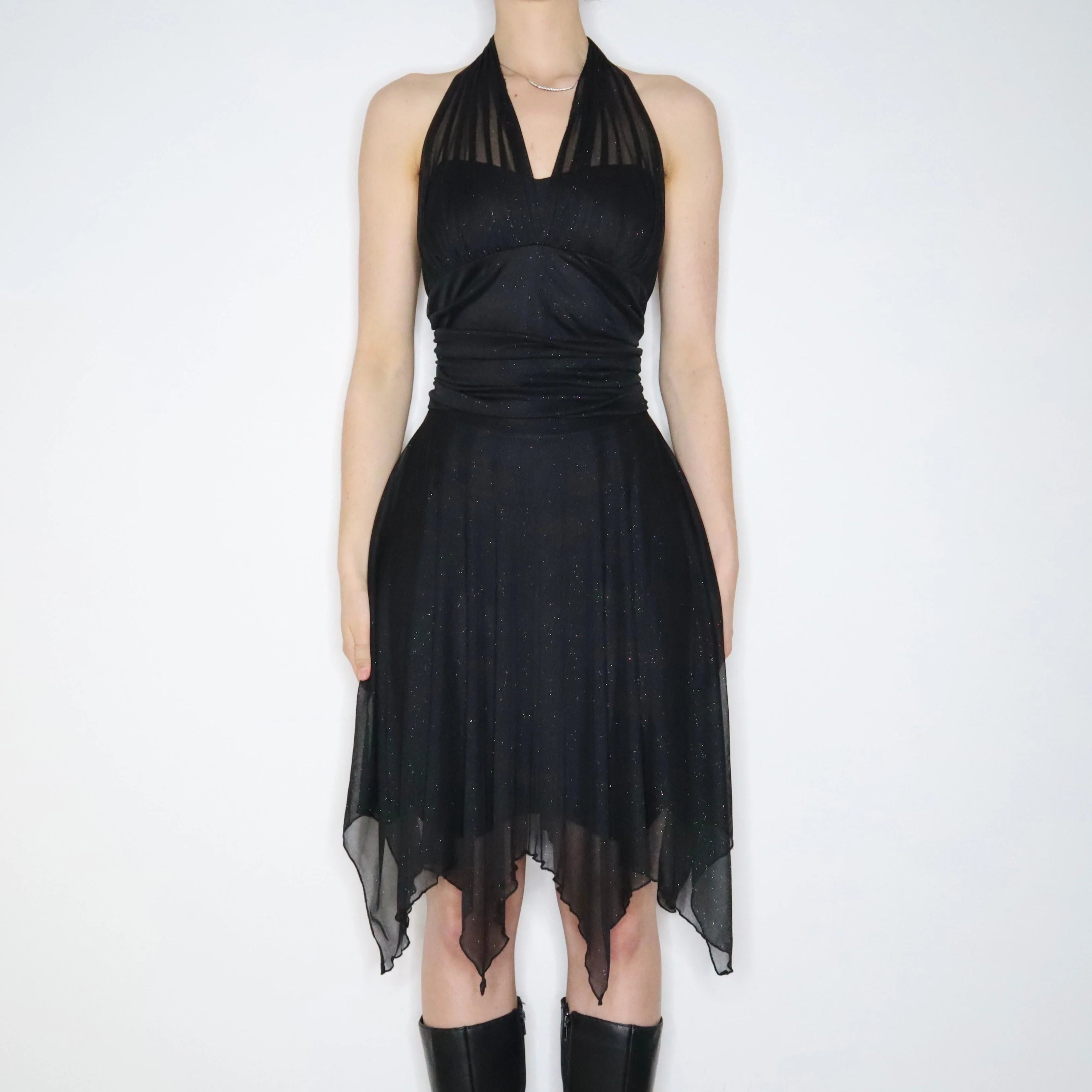 1990's midnight cascade halter dress