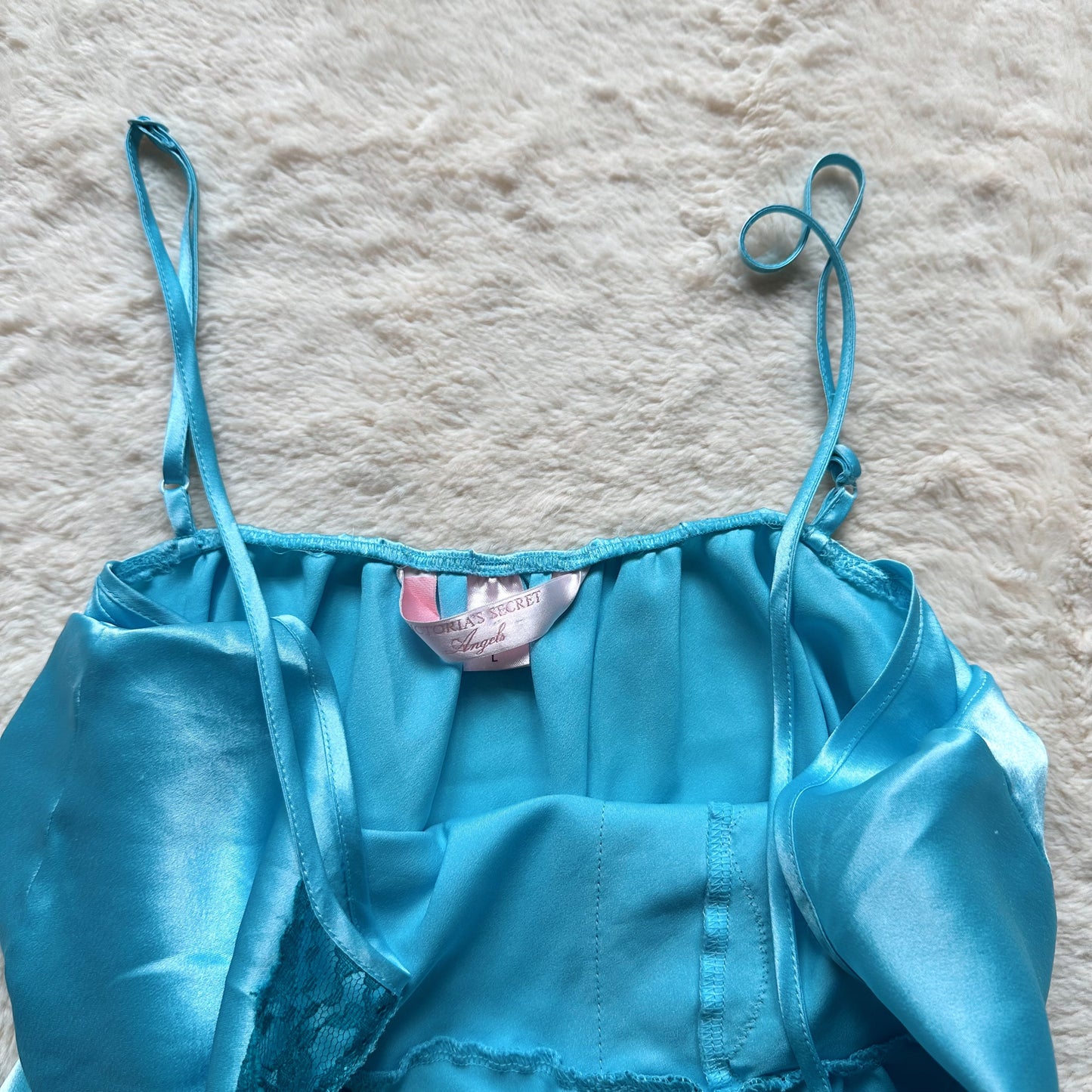 2007 aqua satin lace slip dress