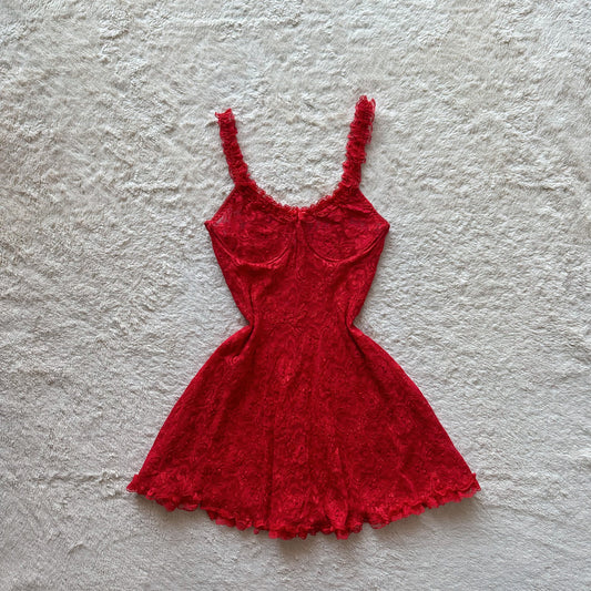 1990's flirty red lace slip dress