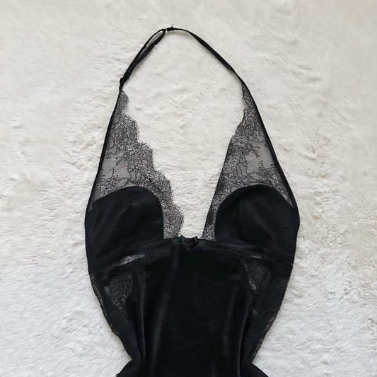 2013 black satin lace halter slip dress