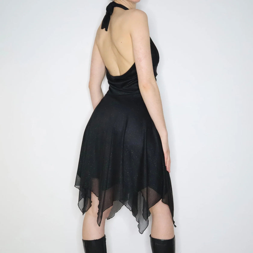 1990's midnight cascade halter dress