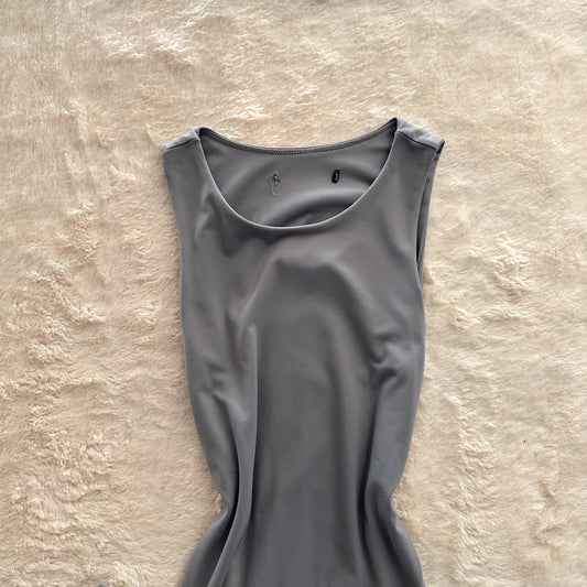 grey open-back fitted dress