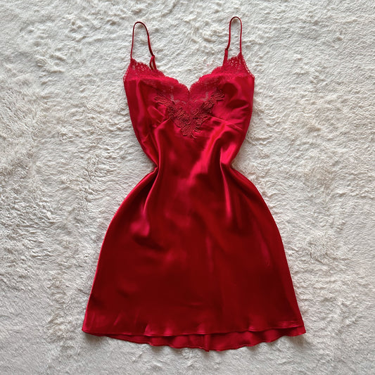 1996 rose red satin slip dress