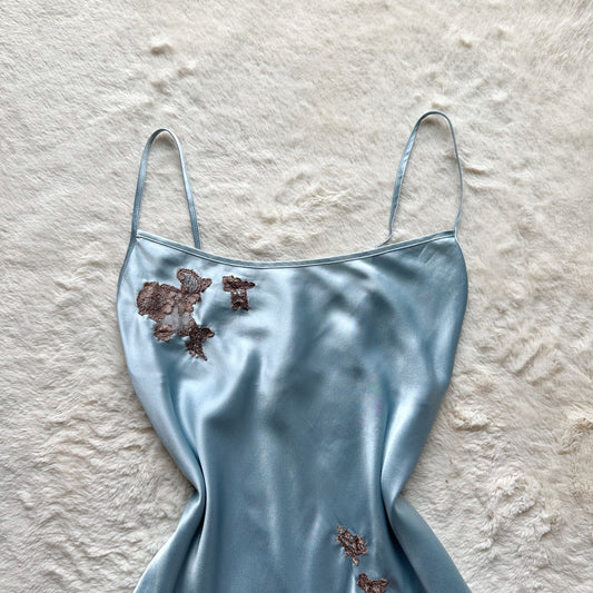 2006 cinderella blue satin lace mini slip dress