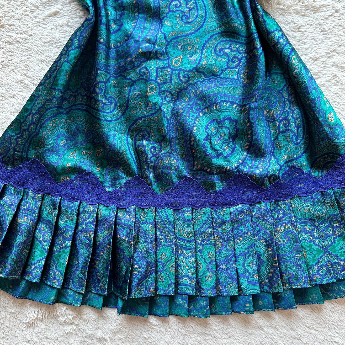 1980's teal satin floral slip dress