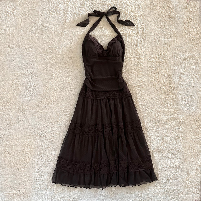 2000's espresso ribbon halter dress