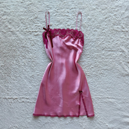 2005 rose satin lace bow slip dress