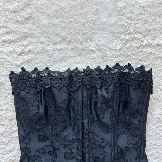 2000's black jacquard lace up corset