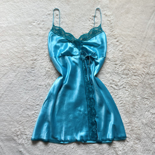 2007 aqua satin lace slip dress
