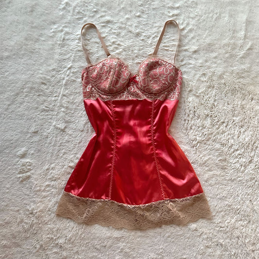 2000's coral satin lace up camisole