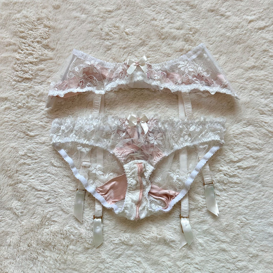 2000's blush veil ouvert panty + garter set