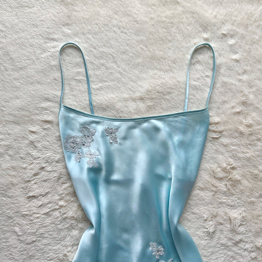 2004 icy blue satin lace mini slip dress