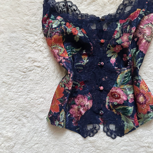 1980's navy floral satin camisole