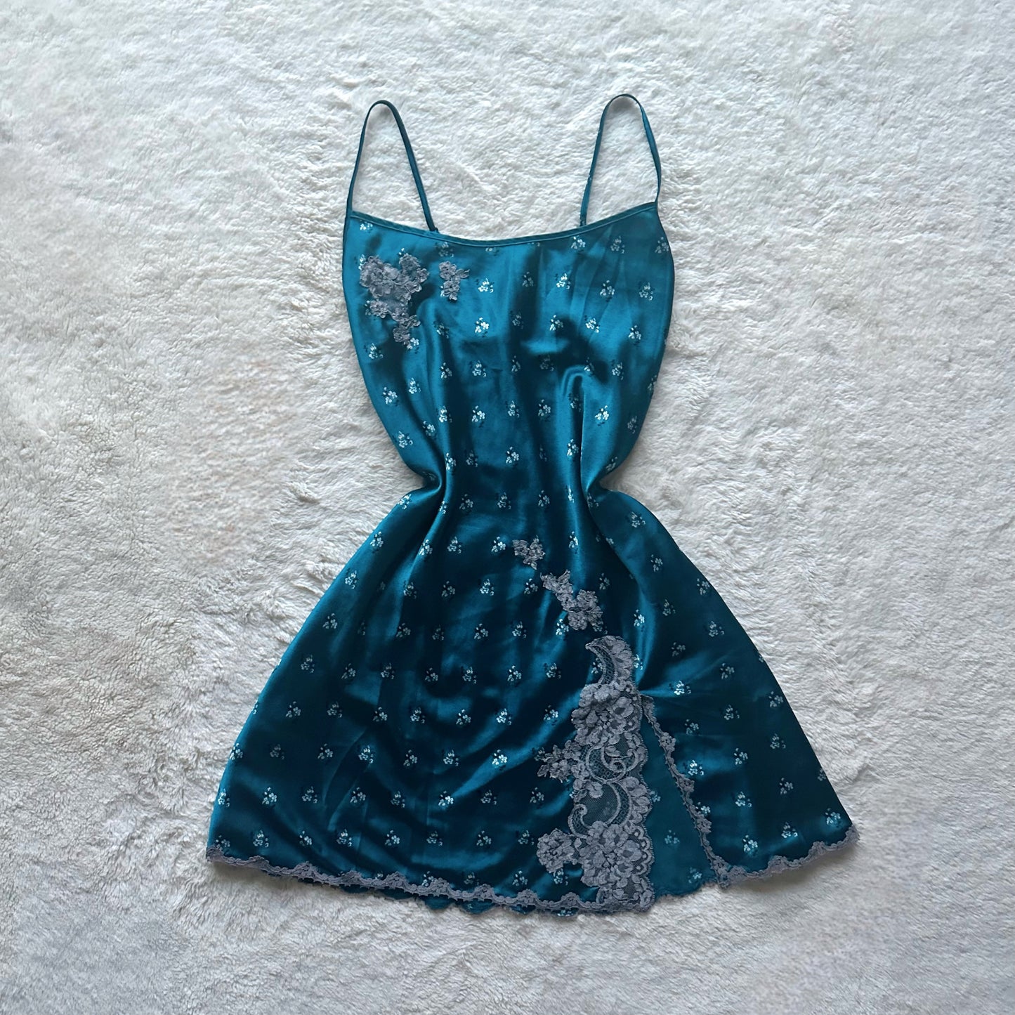 2006 sea blue floral lace satin mini slip dress