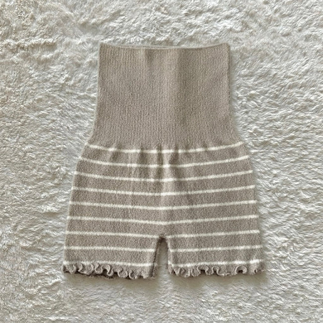 japanese brand taupe striped fuzzy knit shorts