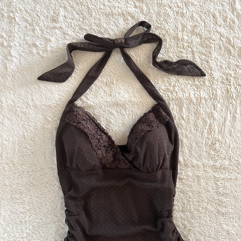 2000's espresso ribbon halter dress