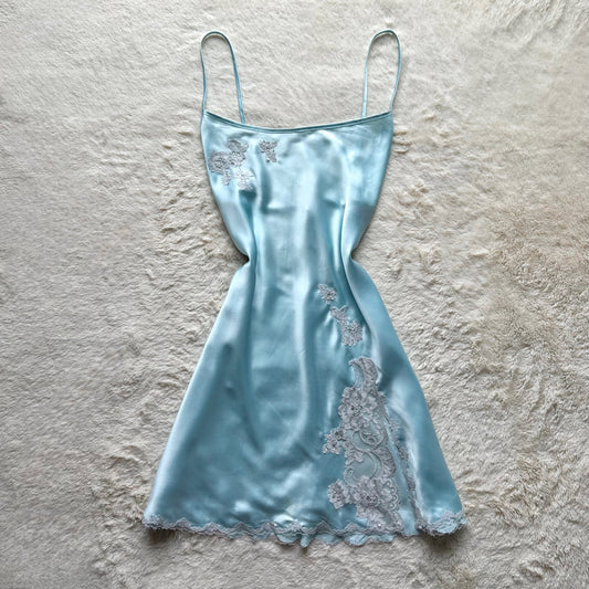 2004 icy blue satin lace mini slip dress