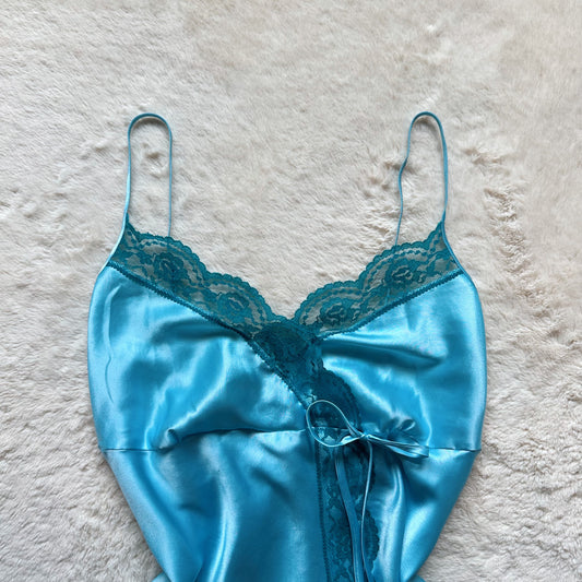 2007 aqua satin lace slip dress