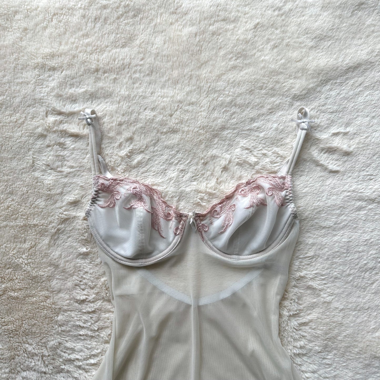 1997 cream + pink mesh mini slip dress