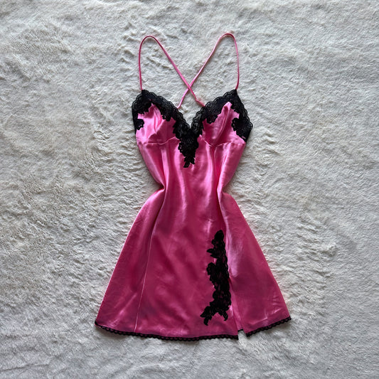 2000's bubblegum pink satin lace slip