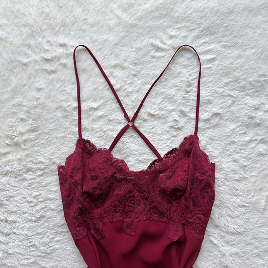 1990's deep burgundy chiffon lace slip dress