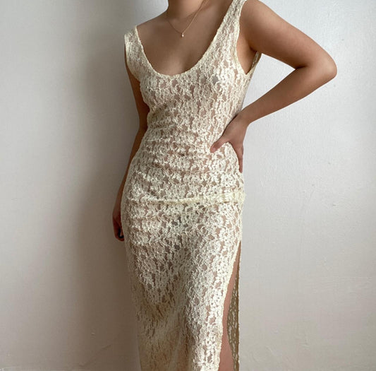 1980's cream floral lace gown