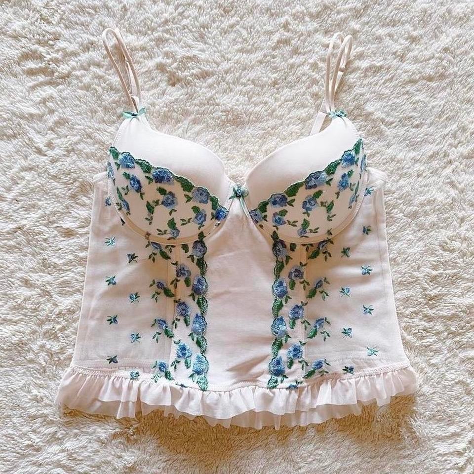 2000's cream + blue floral bustier