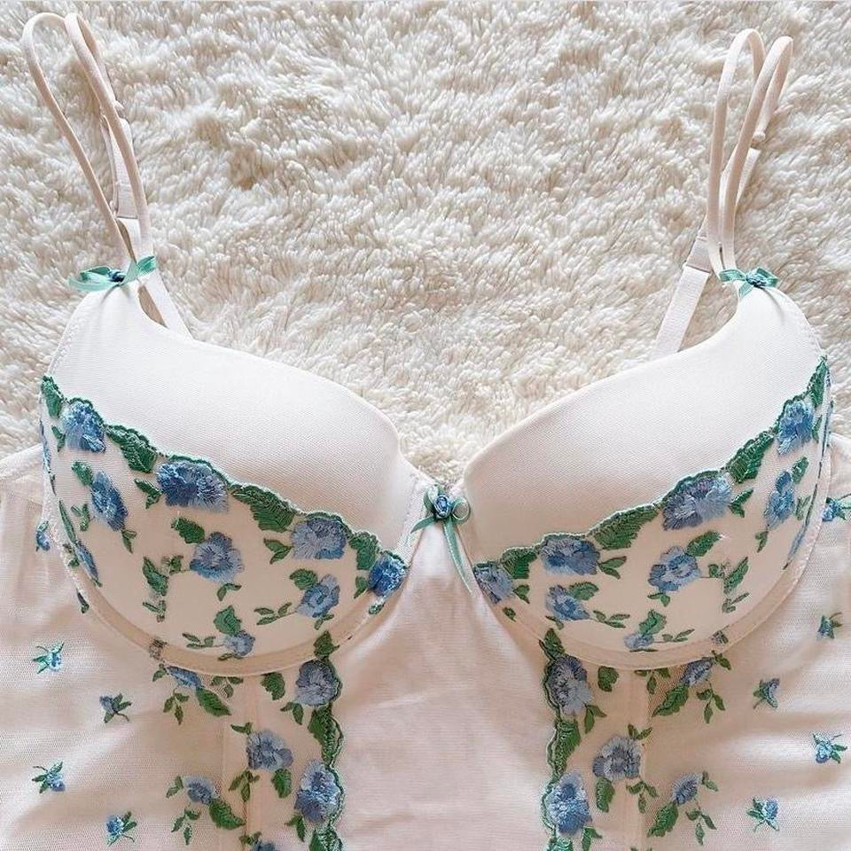 2000's cream + blue floral bustier